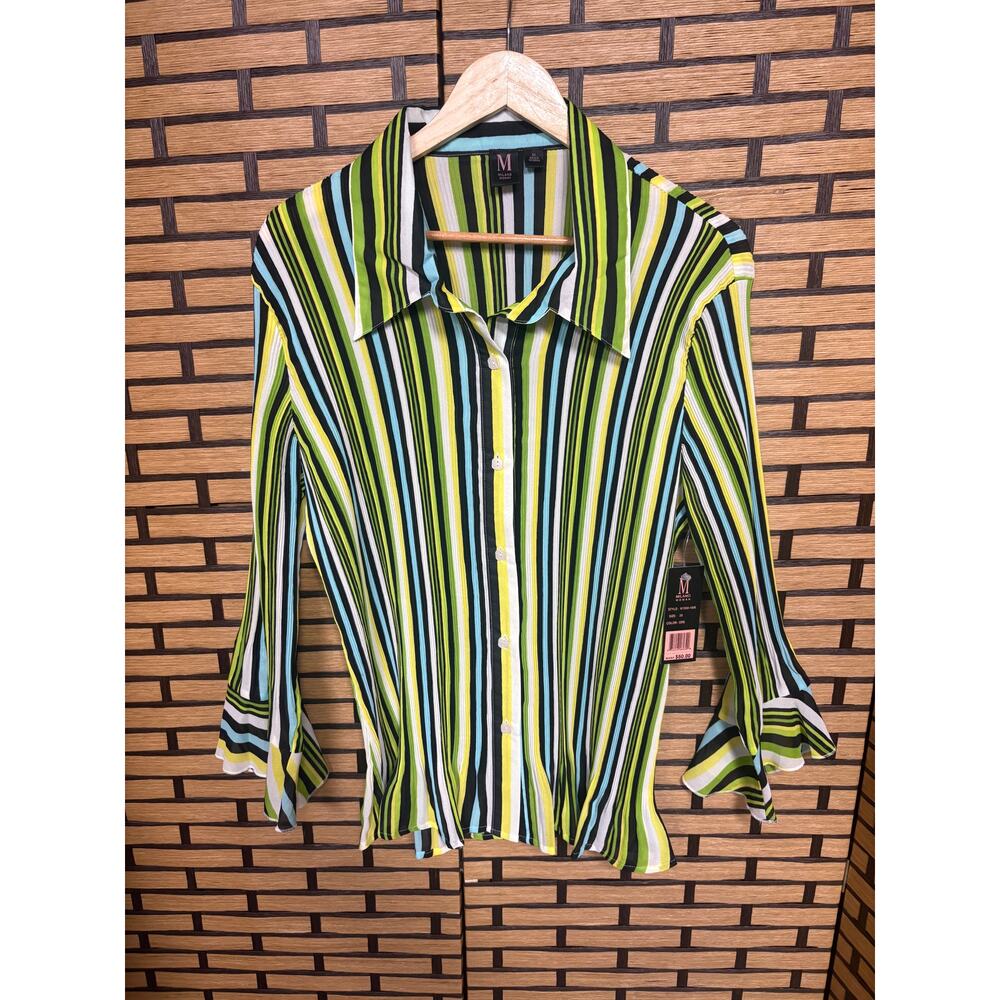 Milano Multi Color Stripe Pleated Button Down Blouse Size 2X‎